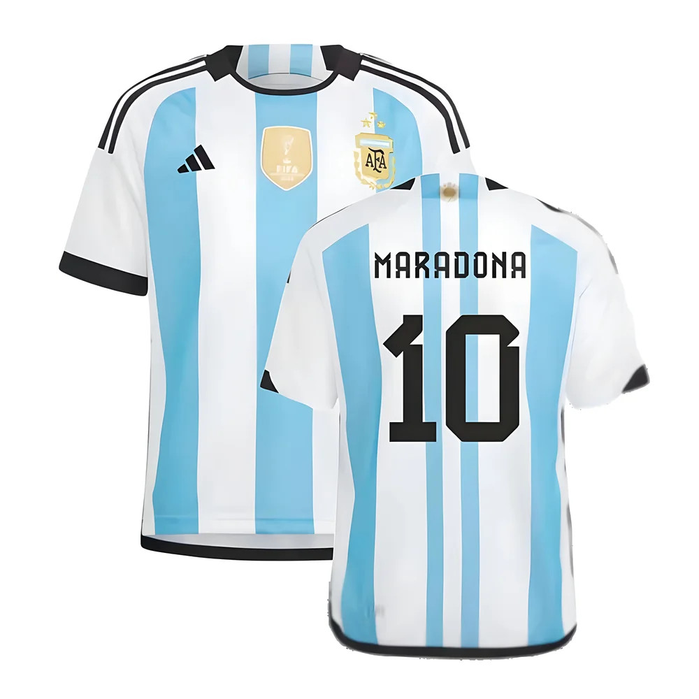 Argentina 2022 World Cup Winners Home Shirt - Kids (Maradona 10) Polyester Diego Maradona Made By: Adidas Unisex Kids Blue Size 13-14