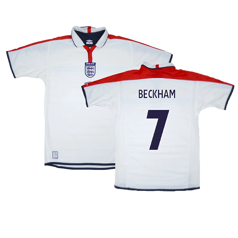 '03-'05 England Home Shirt ) (Very Good) (Beckham 7) Polyester David Beckham Made By: Umbro Men's White Extra Large
