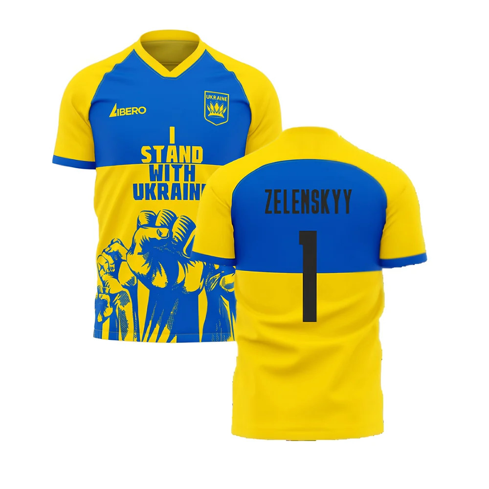 I Stand With Ukraine Concept Football Kit (Libero) (Zelenskyy 1) Polyester Volodymyr Zelenskyy Made By: Libero Sportswear Men's Yellow Large