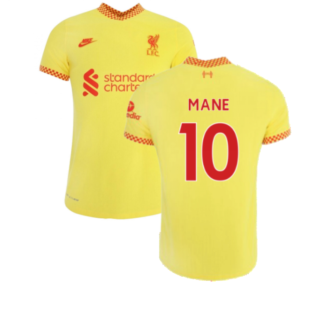 '21-'22 Liverpool 3Rd Shirt (Kids) (Mane 10) Polyester Sadio Mane Made By: Nike Unisex Kids Yellow Small