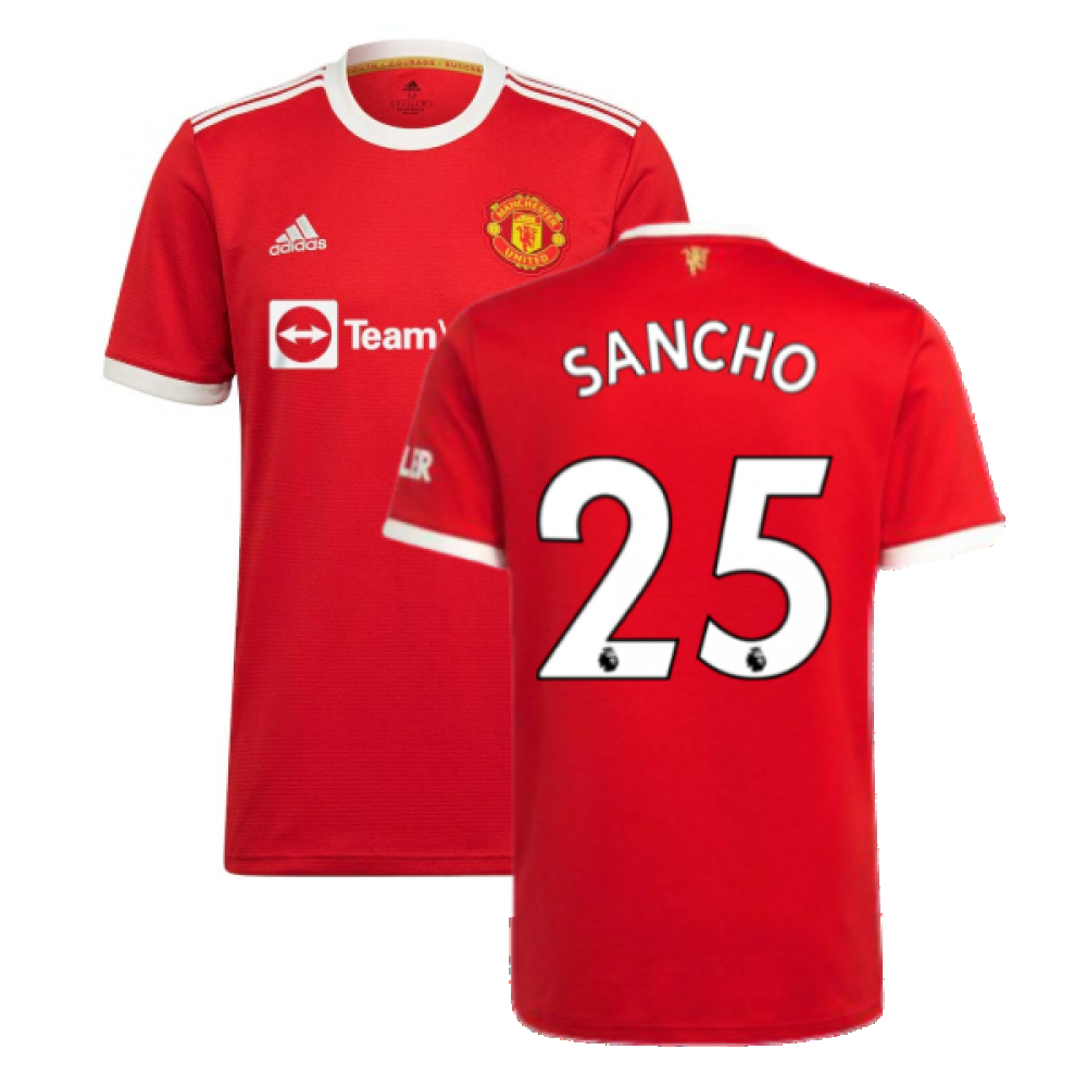 '21-'22 Man Utd Home Shirt (Sancho 25) Polyester Jadon Sancho Manchester United Made By: Adidas Men's Red 3XL