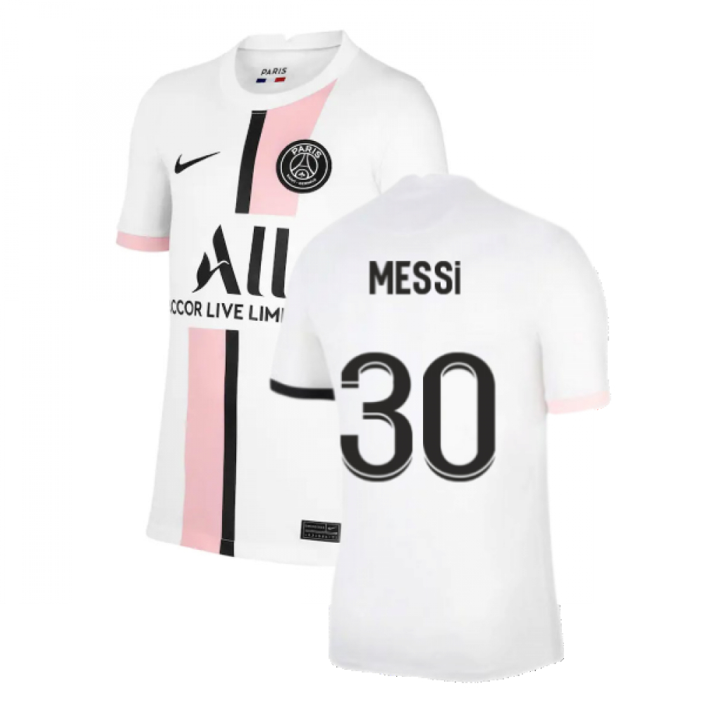 '21-'22 Psg Away Shirt (Kids) (Messi 30) Polyester Lionel Messi Made By: Nike Unisex Kids White Small