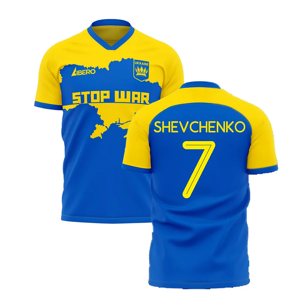 Ukraine Stop War Concept Football Kit (Libero) - (Shevchenko 7) Polyester Andriy Shevchenko Made By: Libero Sportswear Men's Blue 4XL