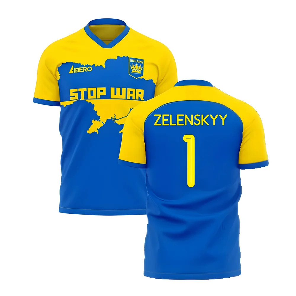 Ukraine Stop War Concept Football Kit (Libero) - (Zelenskyy 1) Polyester Volodymyr Zelenskyy Made By: Libero Sportswear Men's Blue 3XL