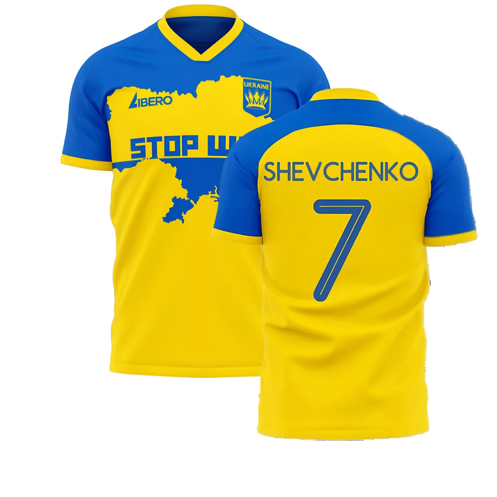 Ukraine Stop War Concept Football Kit (Libero) - (Shevchenko 7) Polyester Andriy Shevchenko Made By: Libero Sportswear Men's Yellow 4XL