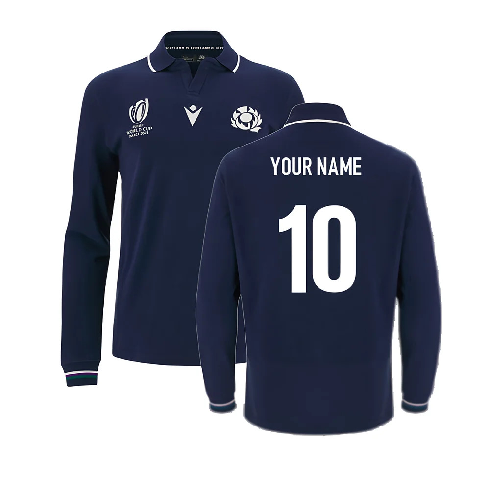 Scotland Rwc 2023 Classic Home Rugby Shirt - Long Sleeve (Your Name) Polyester Made By: Macron Men's White 5XL