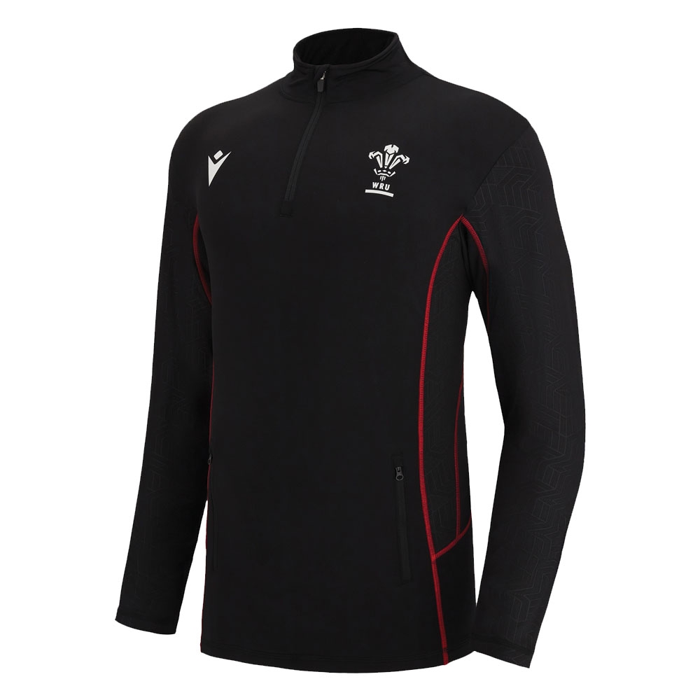 '22-'23 Wales Rugby Travel 1/4 Zip Softshell (Black) Polyester Azerbaijan Made By: Macron Men's Black Medium