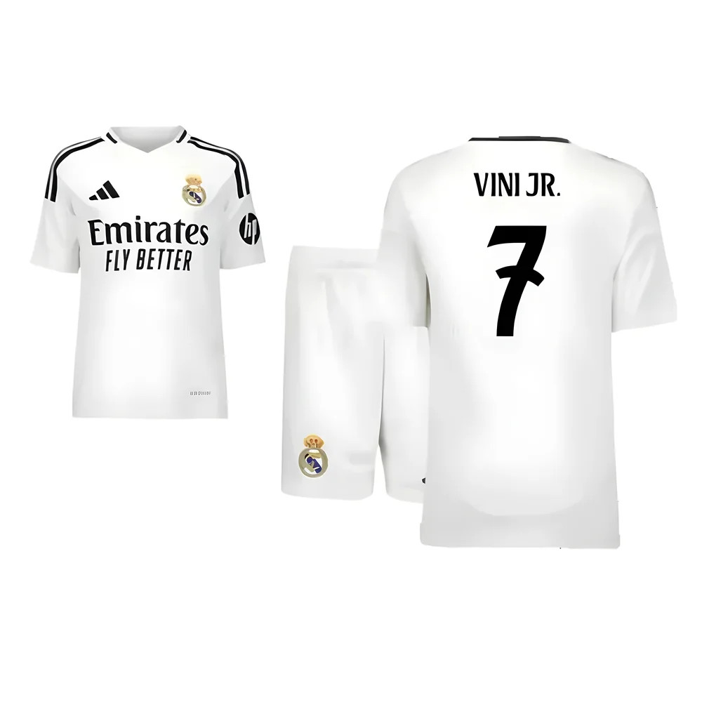'24-'25 Real Madrid Home Youth Kit (Vini Jr. 7) Kids Polyester Vinicius Junior Made By: Adidas Unisex Kids White Size 15-16