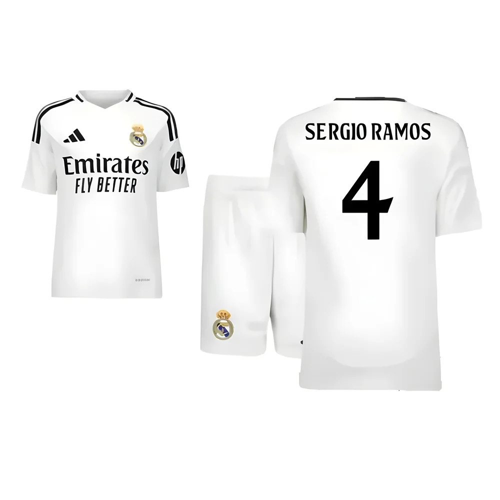 '24-'25 Real Madrid Home Youth Kit (Sergio Ramos 4) Kids Polyester Made By: Adidas Unisex Kids White Size 15-16