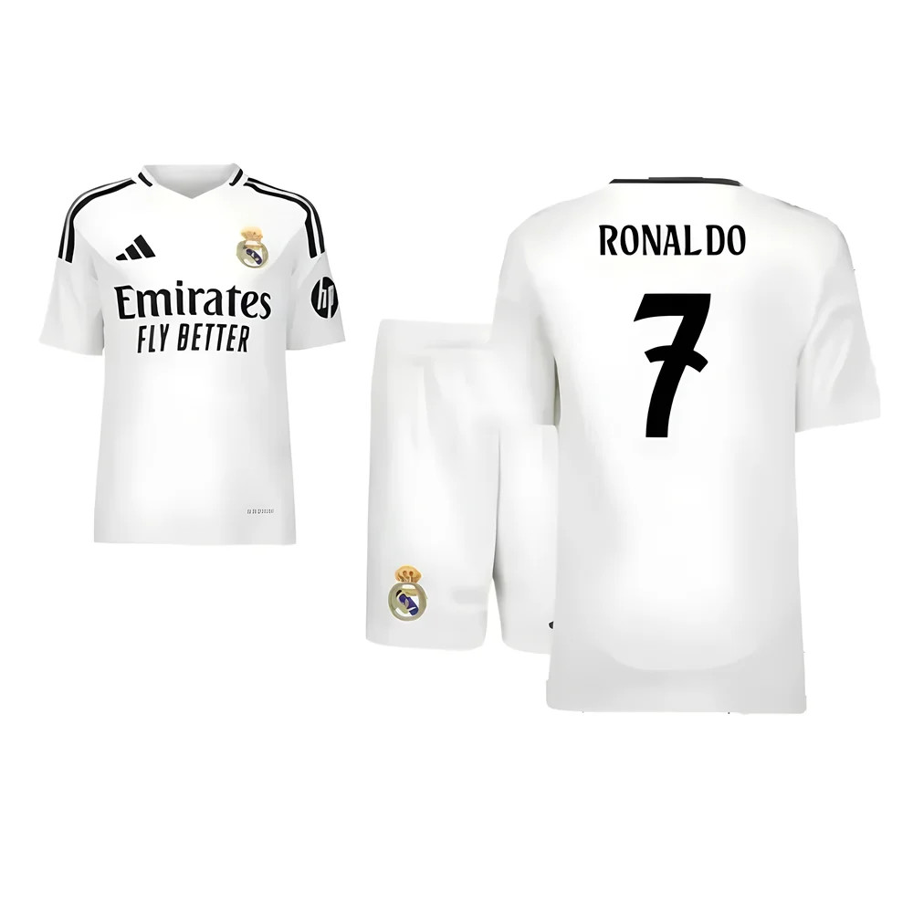 '24-'25 Real Madrid Home Youth Kit (Ronaldo 7) Kids Polyester Made By: Adidas Unisex Kids White Size 15-16