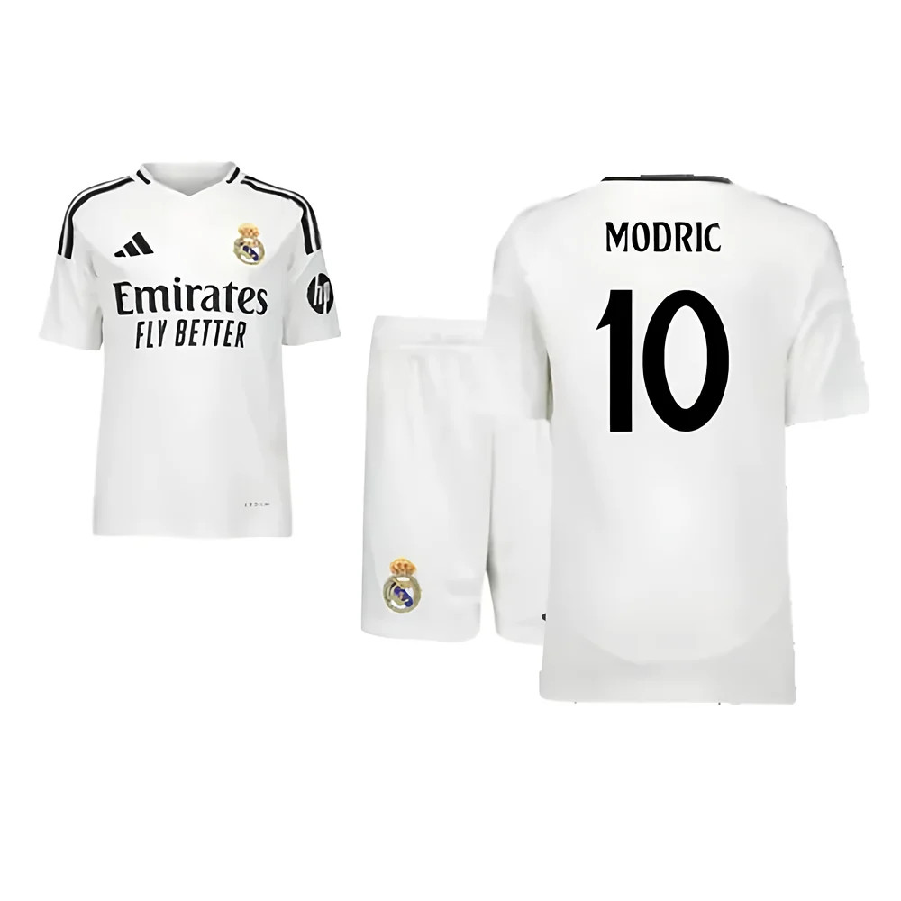 '24-'25 Real Madrid Home Youth Kit (Modric 10) Kids Polyester Made By: Adidas Unisex Kids White Size 15-16