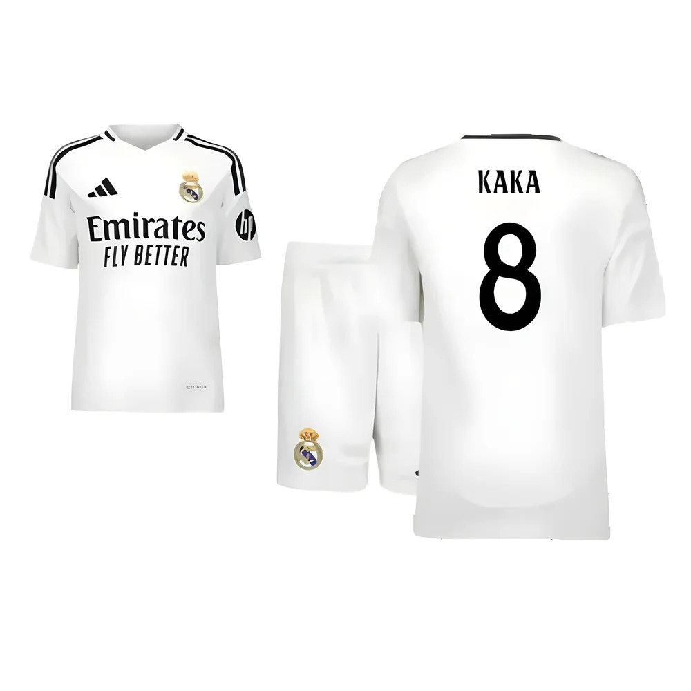 '24-'25 Real Madrid Home Youth Kit (Kaka 8) Kids Polyester Made By: Adidas Unisex Kids White Size 15-16