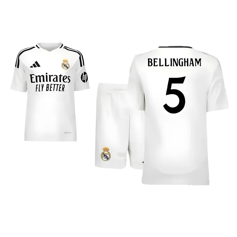 '24-'25 Real Madrid Home Youth Kit (Bellingham 5) Kids Polyester Made By: Adidas Unisex Kids White Size 15-16