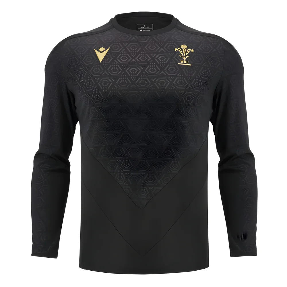 '24-'25 Wales Rugby Ls Poly Training Shirt (Black) Polyester Azerbaijan Made By: Macron Men's Black 4XL