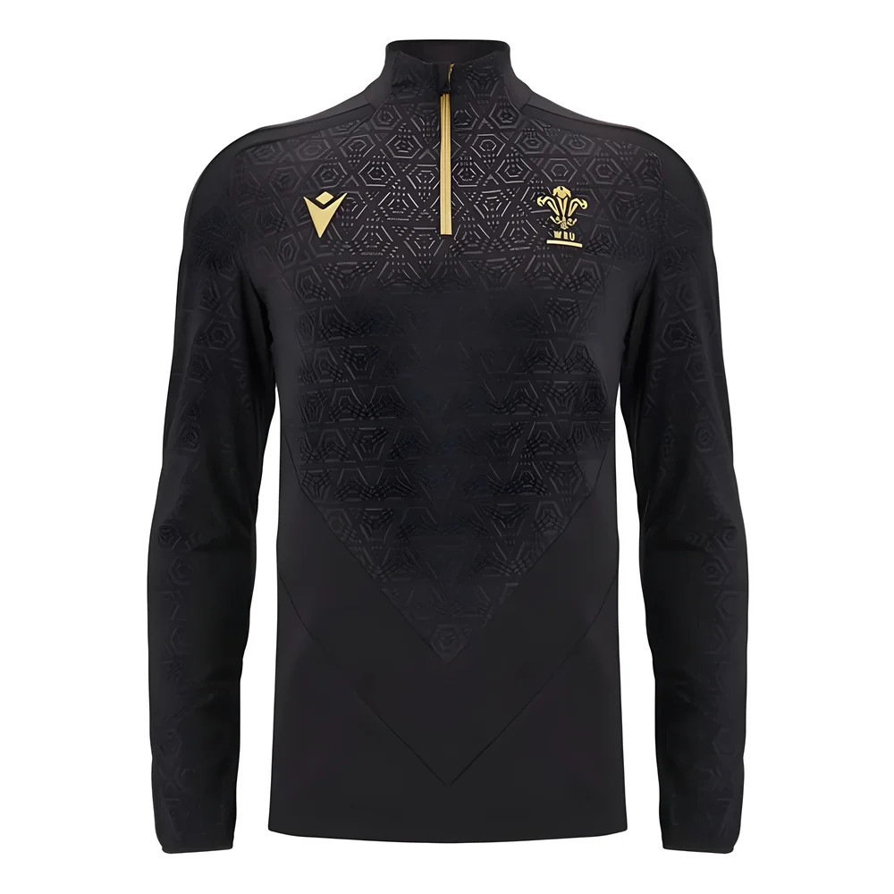 '24-'25 Wales Rugby Training 1/4 Zip Top (Black) Polyester Azerbaijan Made By: Macron Men's Black 4XL
