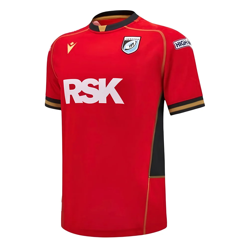'24-'25 Cardiff Blues Away Poly Replica Rugby Shirt Polyester Made By: Macron Men's Red 3XL