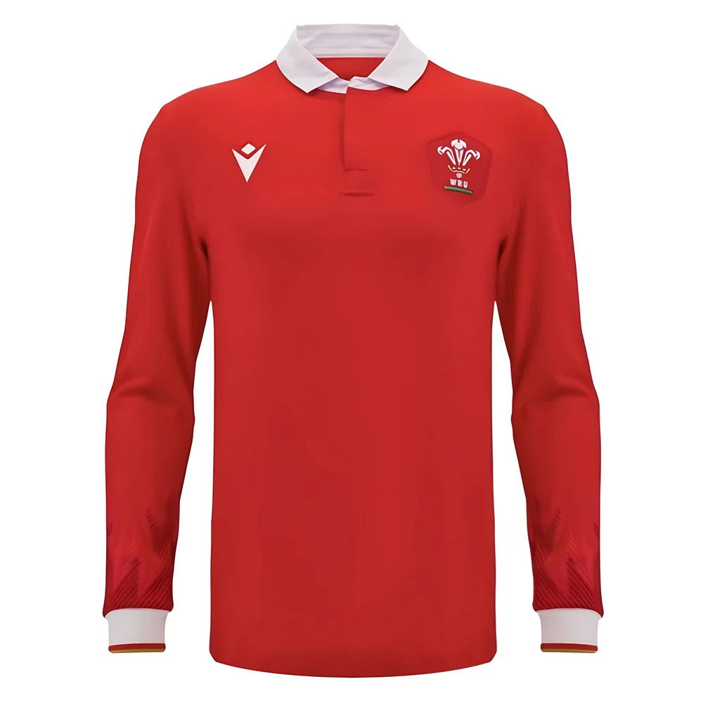 '24-'25 Wales Wru Home Ls Cotton Rugby Shirt Azerbaijan Made By: Macron Men's Red 4XL