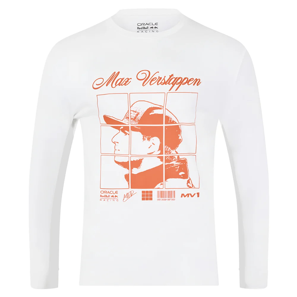 2025 Bull Racing Max Verstappen Puzzle L/S T-Shirt (White) Polyester Made By: Castore Men's Red Extra Large