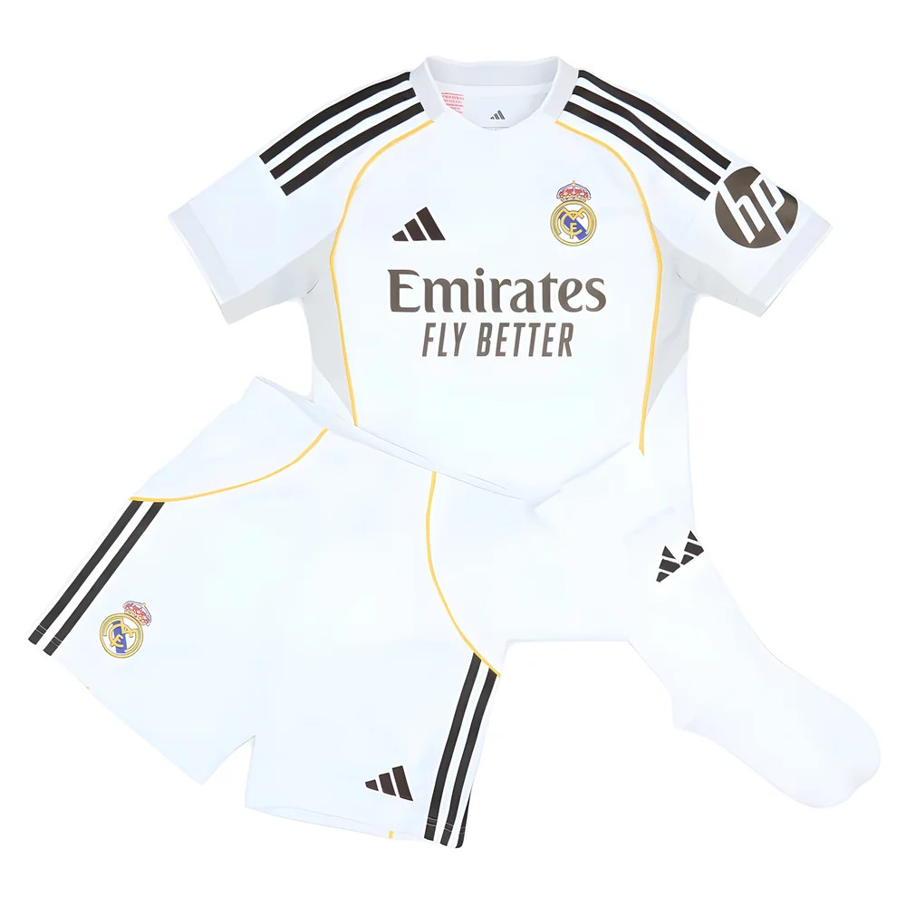 '25-'26 Real Madrid Home Youth Kit Kids 7-8 Polyester Made By: Adidas Unisex Kids White Size 13-14