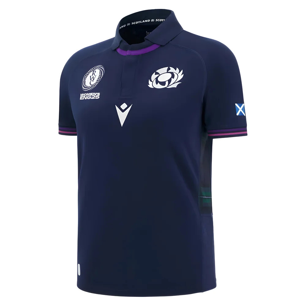 '25-'26 Scotland Home Wrwc Poly Rugby Shirt (Kids) Polyester Made By: Macron Unisex Kids Navy Small