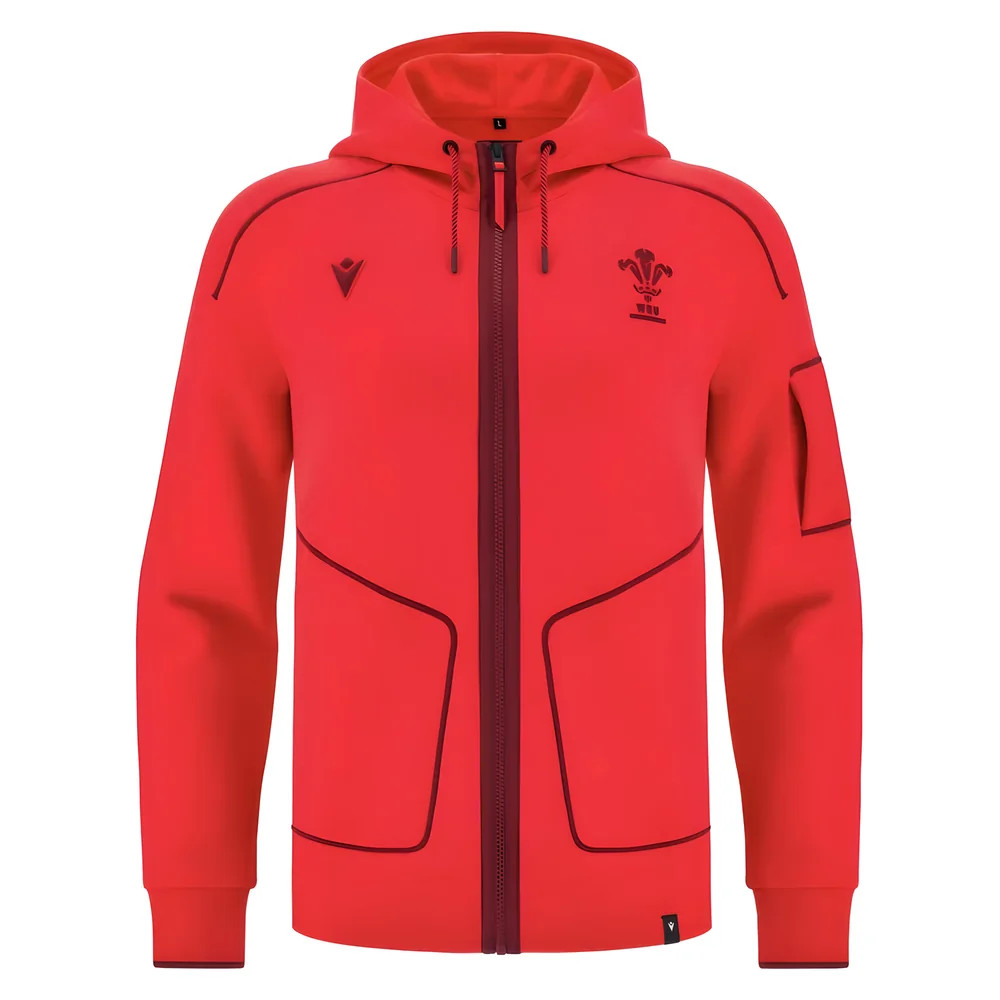 '25-'26 Wales Wru Ath Travel Player Full Zip (Red) Polyester Azerbaijan Made By: Macron Men's Red Medium