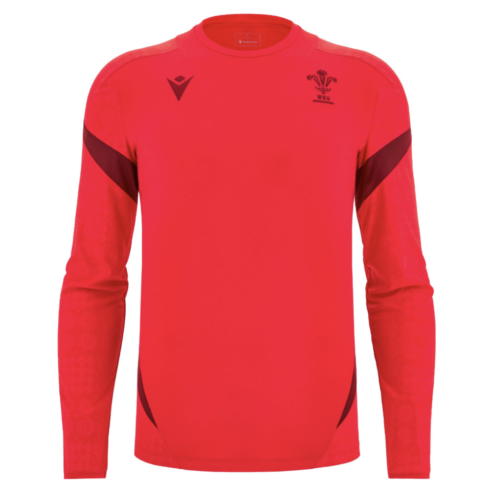 '25-'26 Wales Wru Rugby Ls Player Training Shirt (Red) Polyester Azerbaijan Made By: Macron Men's Red Large