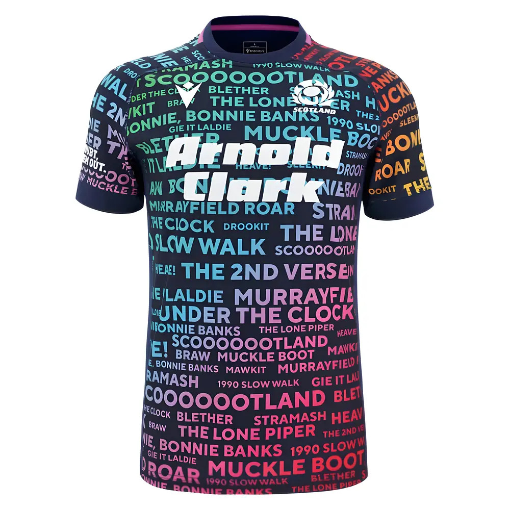 '25-'26 Scotland Rugby Training Jersey (Rainbow) Polyester Made By: Macron Men's Navy Xxl