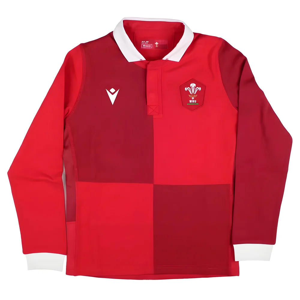 '25-'26 Wales Wru Home Ls Cotton Rugby Shirt (Kids) Azerbaijan Made By: Macron Unisex Kids Red Medium