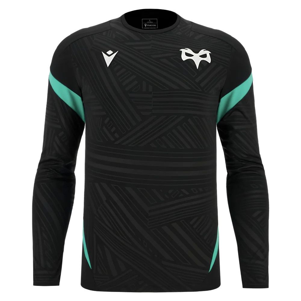 '25-'26 Ospreys Rugby Poly Ls Training Tee (Black) Polyester Made By: Macron Men's Black Extra Large