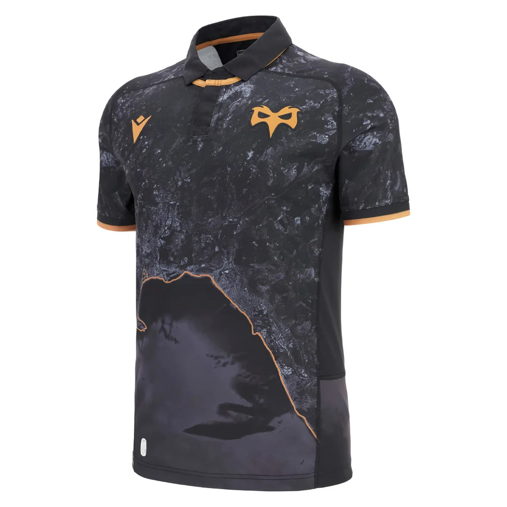 '25-'26 Ospreys Home Poly Replica Rugby Shirt Polyester Made By: Macron Men's Black Extra Large