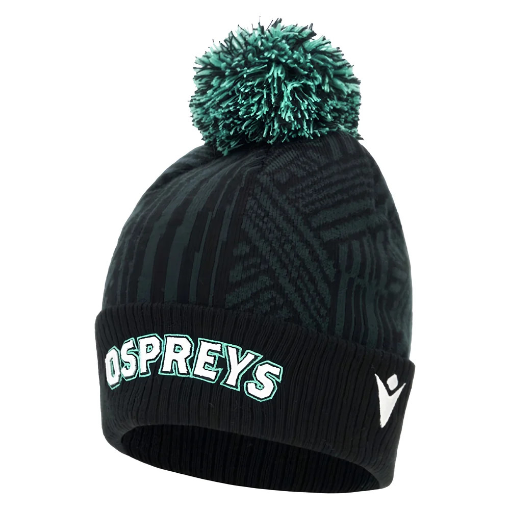 '25-'26 Ospreys Rugby Custom Pom Pom Beanie (Black) Adults One Size Polyester Made By: Macron Unisex Black