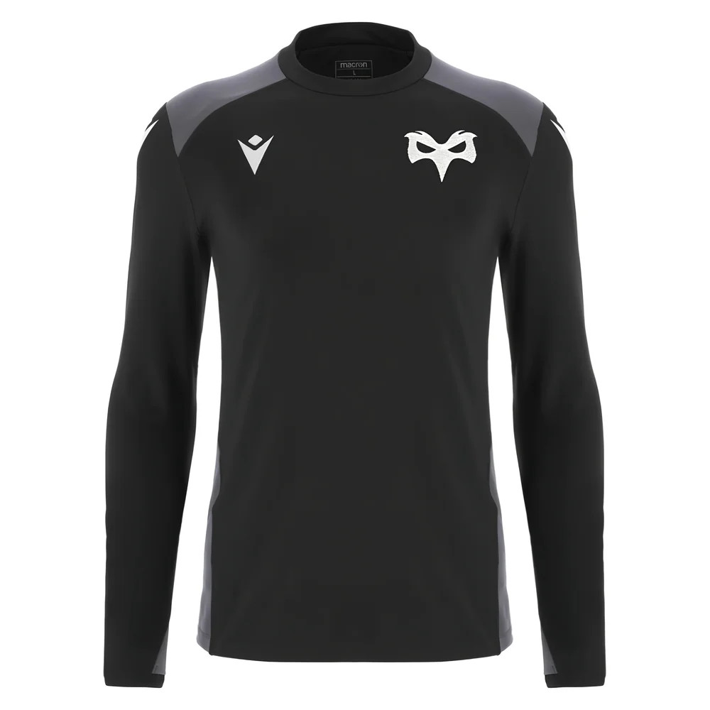 '25-'26 Ospreys Rugby Training Roundneck Top (Black) Polyester Made By: Macron Men's Black Medium