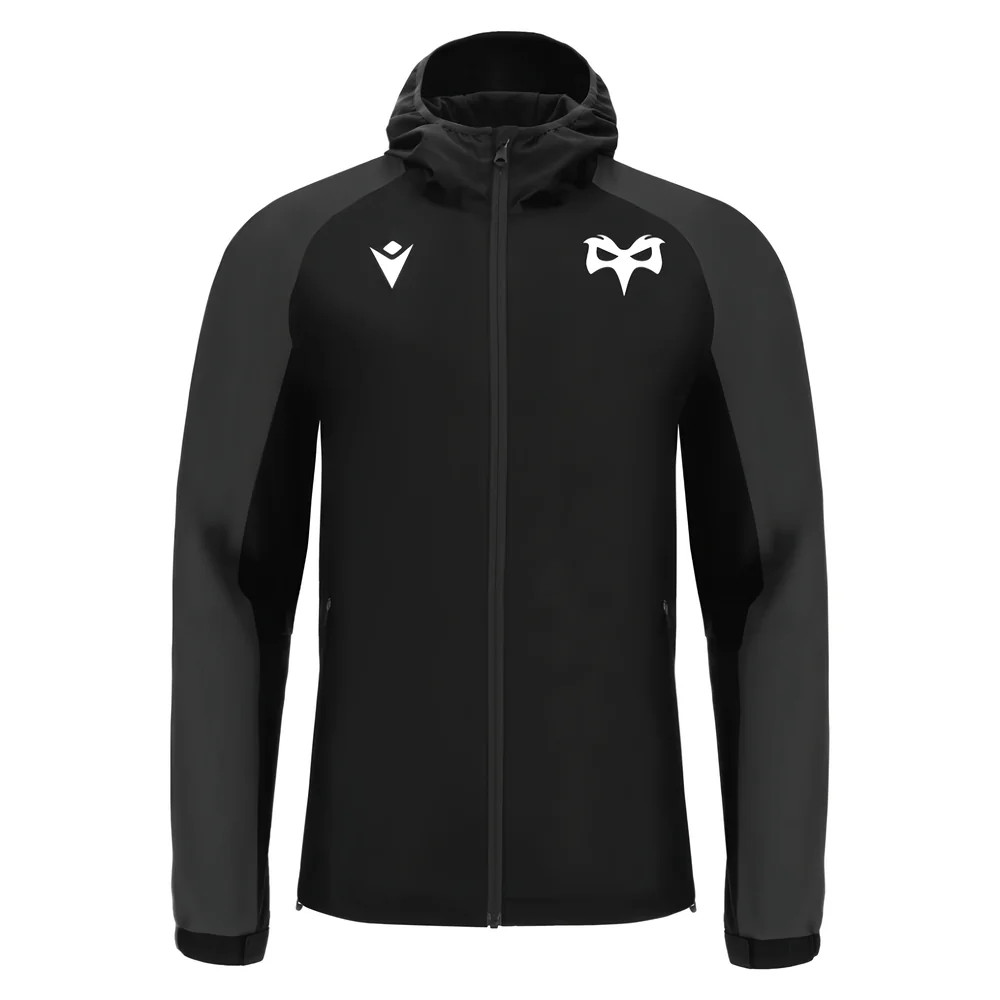 '25-'26 Ospreys Rugby Rain Jacket (Black) Polyester Made By: Macron Men's Black Extra Large