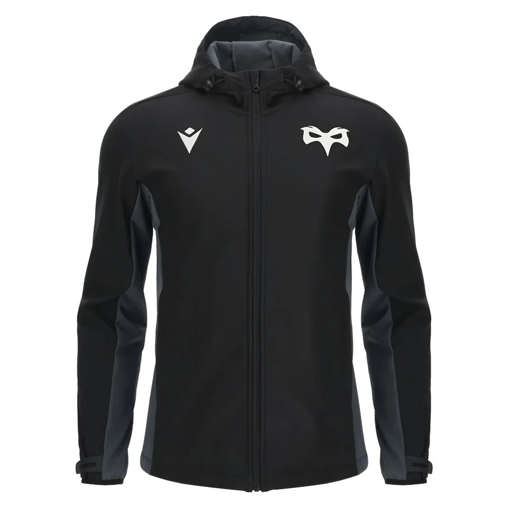 '25-'26 Ospreys Rugby Softshell Jacket (Black) Polyester Made By: Macron Men's Black Medium