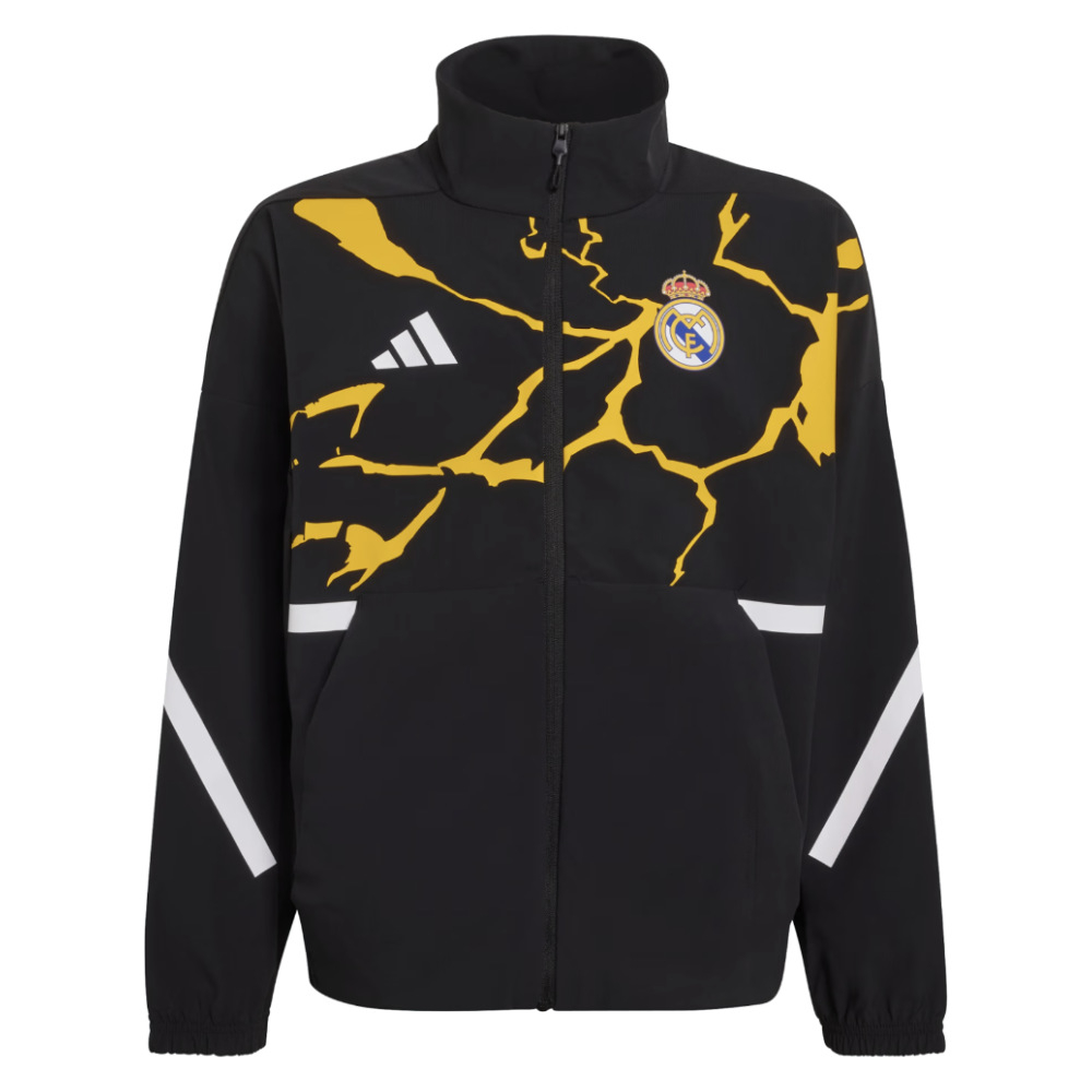 '25-'26 Real Madrid Anthem Jacket (Black) - Kids 7-8 Polyester Made By: Adidas Unisex Kids Black Size 9-10