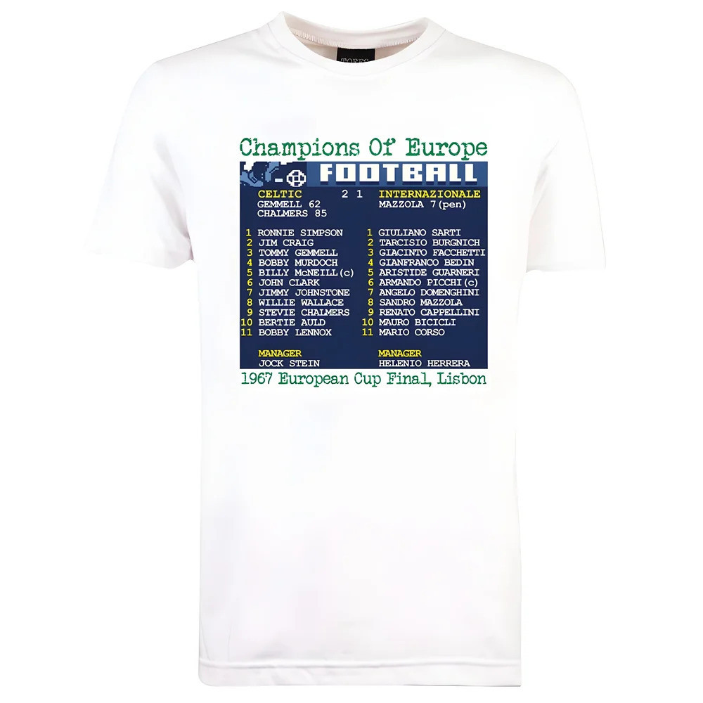 1967 European Cup Final (Celtic) Retrotext T-Shirt - Polyester Made By: Toffs Men's White Small