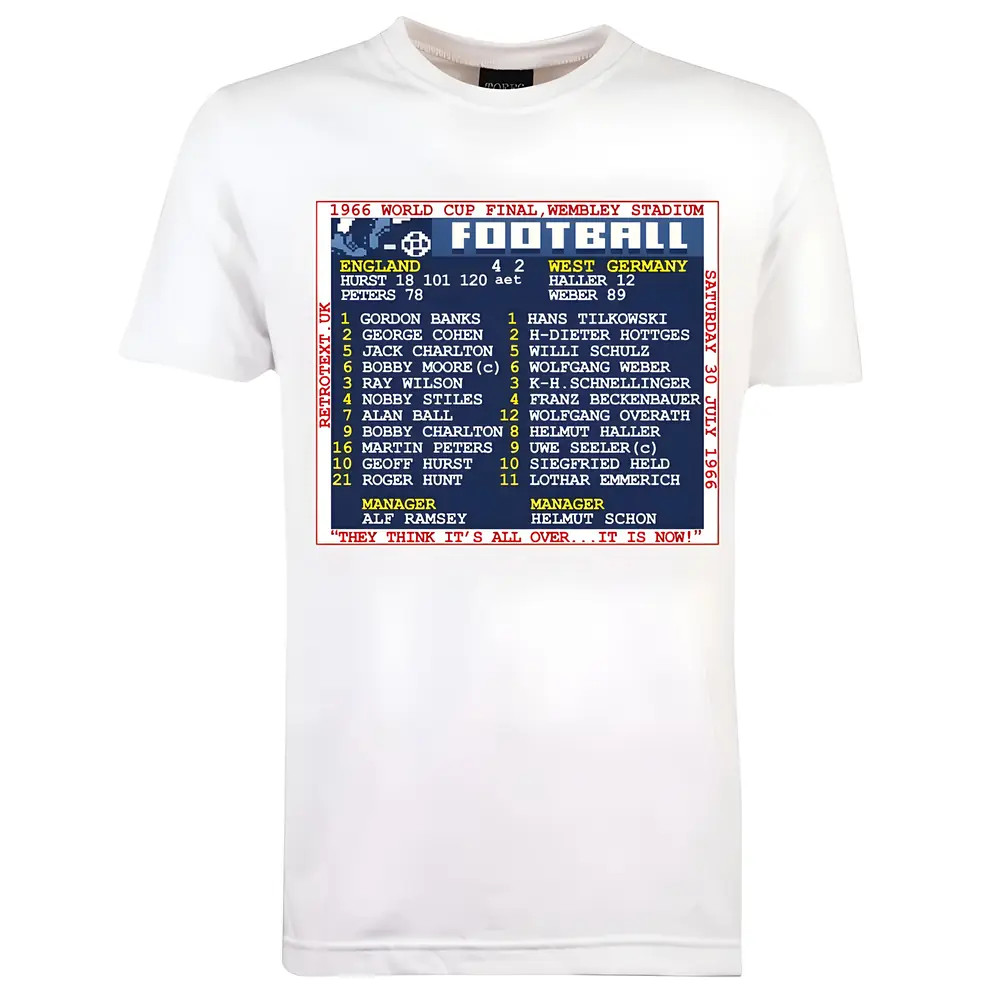 1966 World Cup Final (England) Retrotext T-Shirt - Polyester Made By: Toffs Men's White 4XL