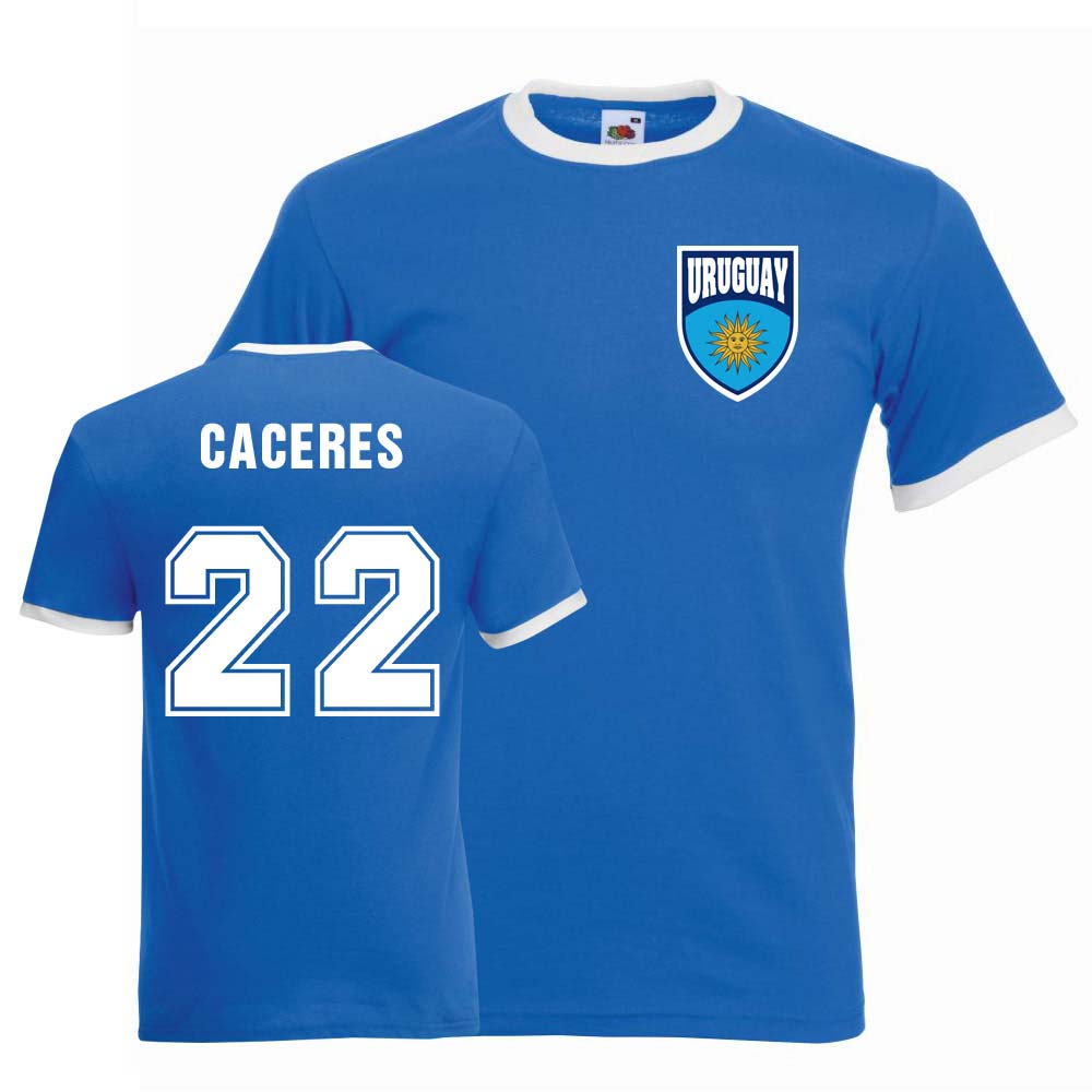 Martin Caceres Uruguay Ringer Tee (Blue) Polyester Uksoccershop Men's Blue Medium