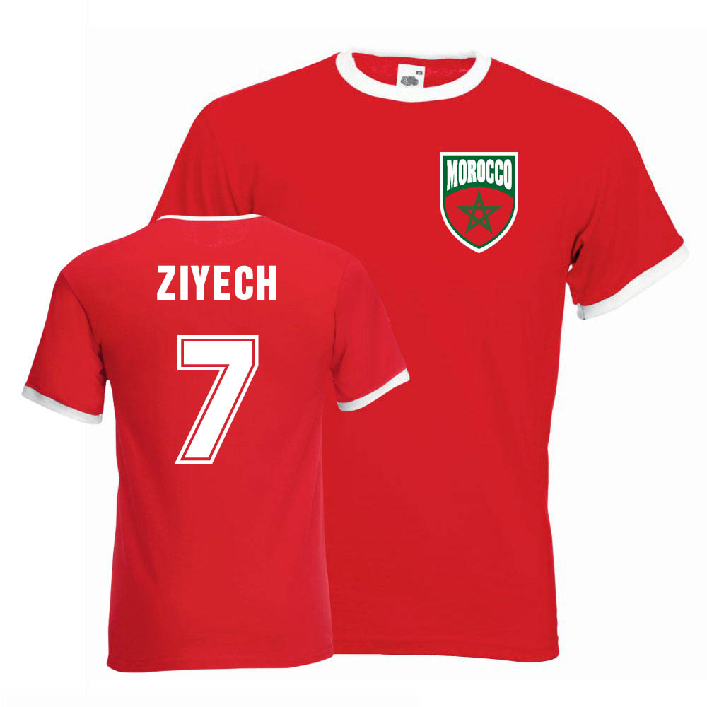 Hakim Ziyech Morocco Ringer Tee (Red) Polyester Uksoccershop Men's Red Small