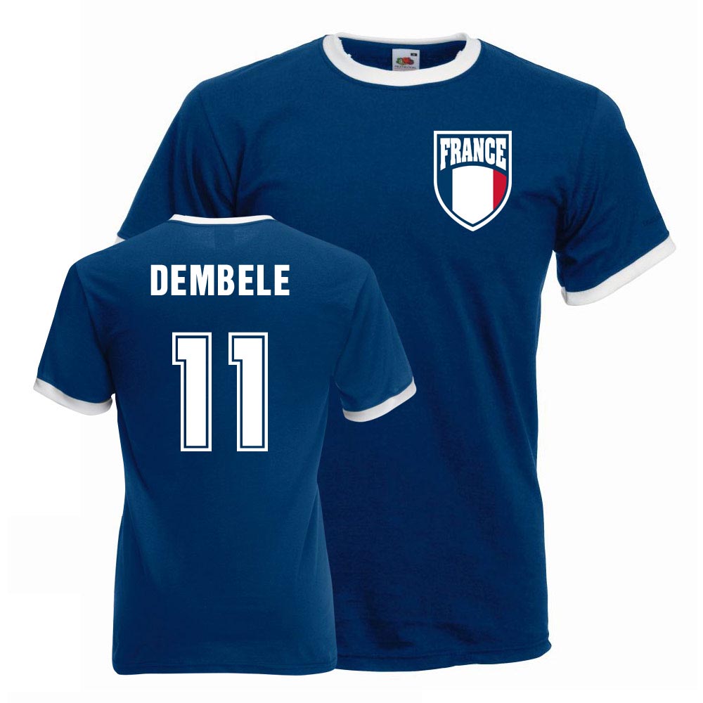 Osmane Dembele France Ringer Tee (Blue) Polyester Uksoccershop Men's Blue Small