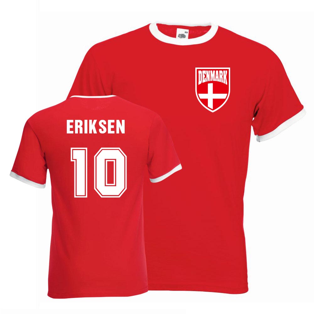 Christian Eriksen Denmark Ringer Tee (Red) Polyester Uksoccershop Men's Red Large
