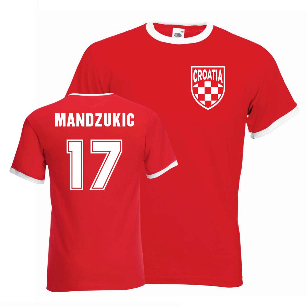 Mario Mandzukic Croatia Ringer Tee (Red) Polyester Uksoccershop Men's Red Large