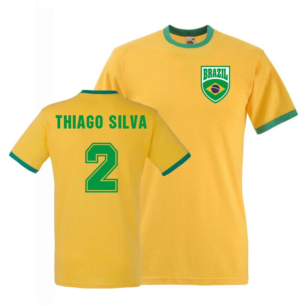 Thiago Silva Brazil Ringer Tee (Yellow) Polyester Uksoccershop Men's Yellow Large