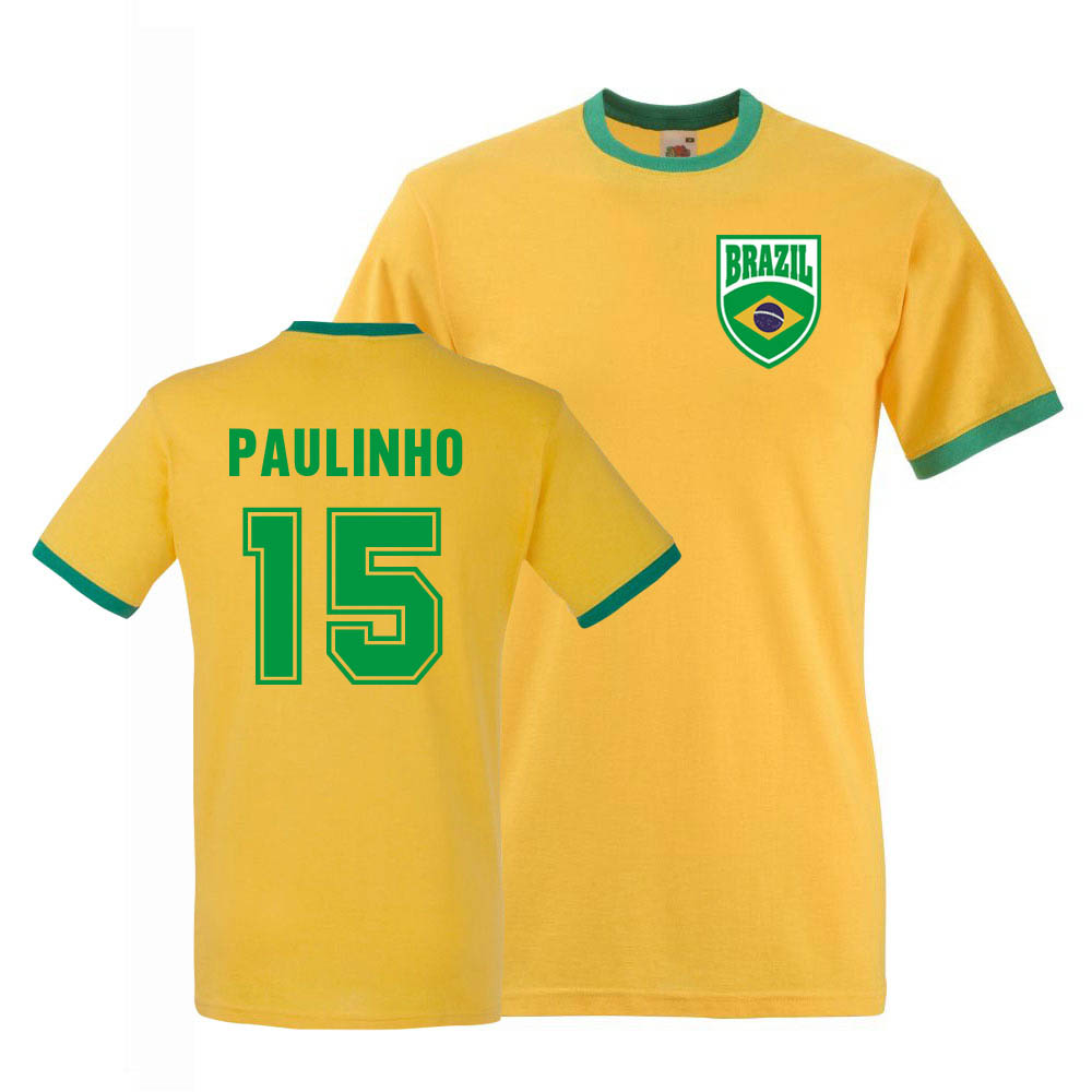 Paulinho Brazil Ringer Tee (Yellow) Polyester Uksoccershop Men's Yellow Extra Large