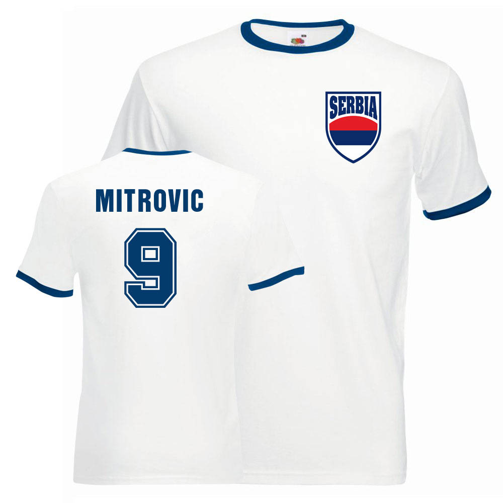Aleksander Mitrovic Serbia Ringer Tee (White-) Polyester Uksoccershop Men's Blue Small
