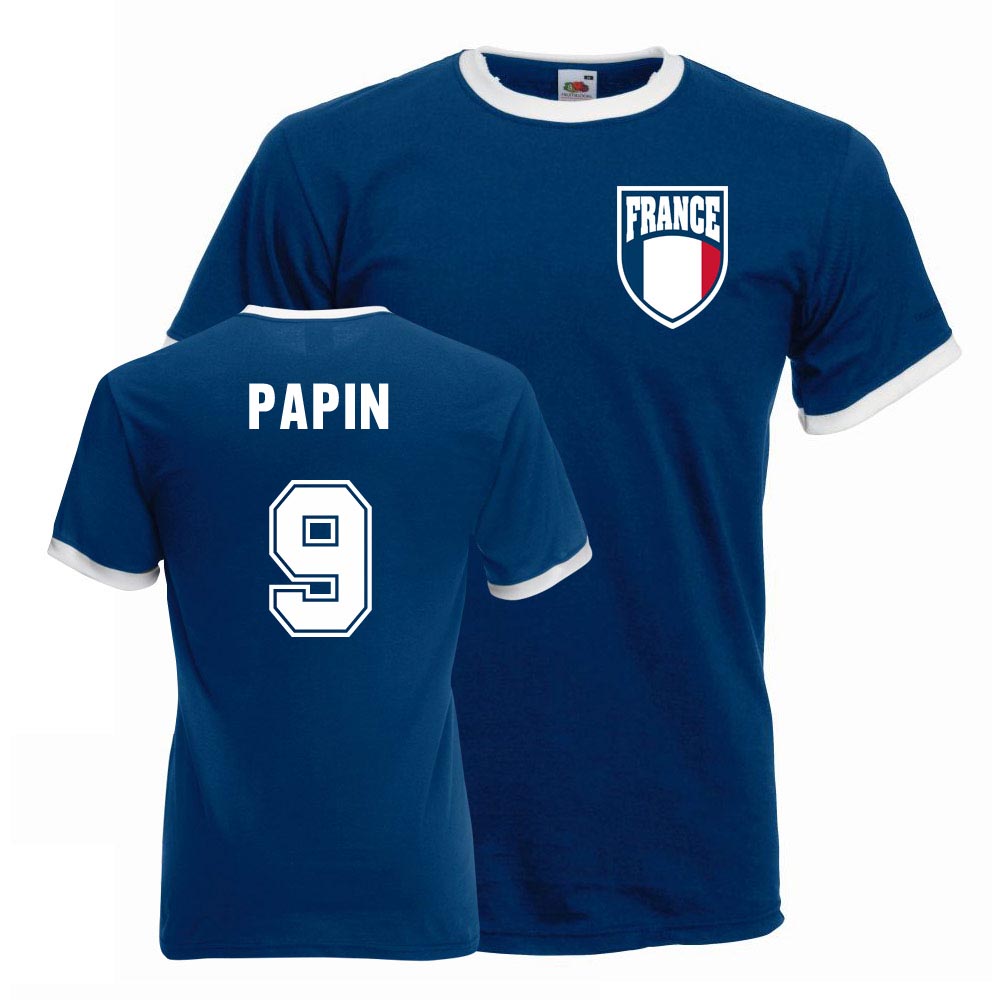 Jean Pierre Papin France Ringer Tee (Blue) Polyester Uksoccershop Men's Blue Small