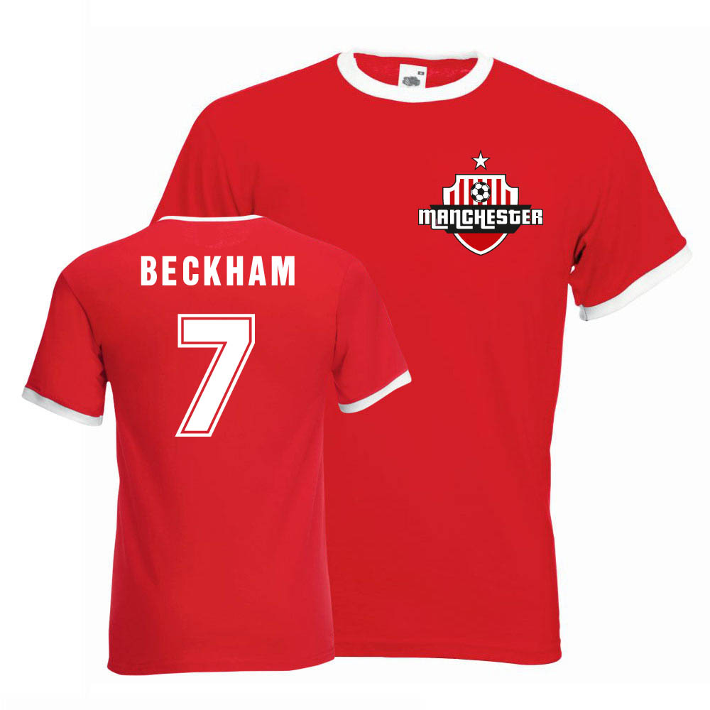 David Beckham Man Utd Ringer Tee (Red) Polyester Manchester United Uksoccershop Men's Red Extra Large