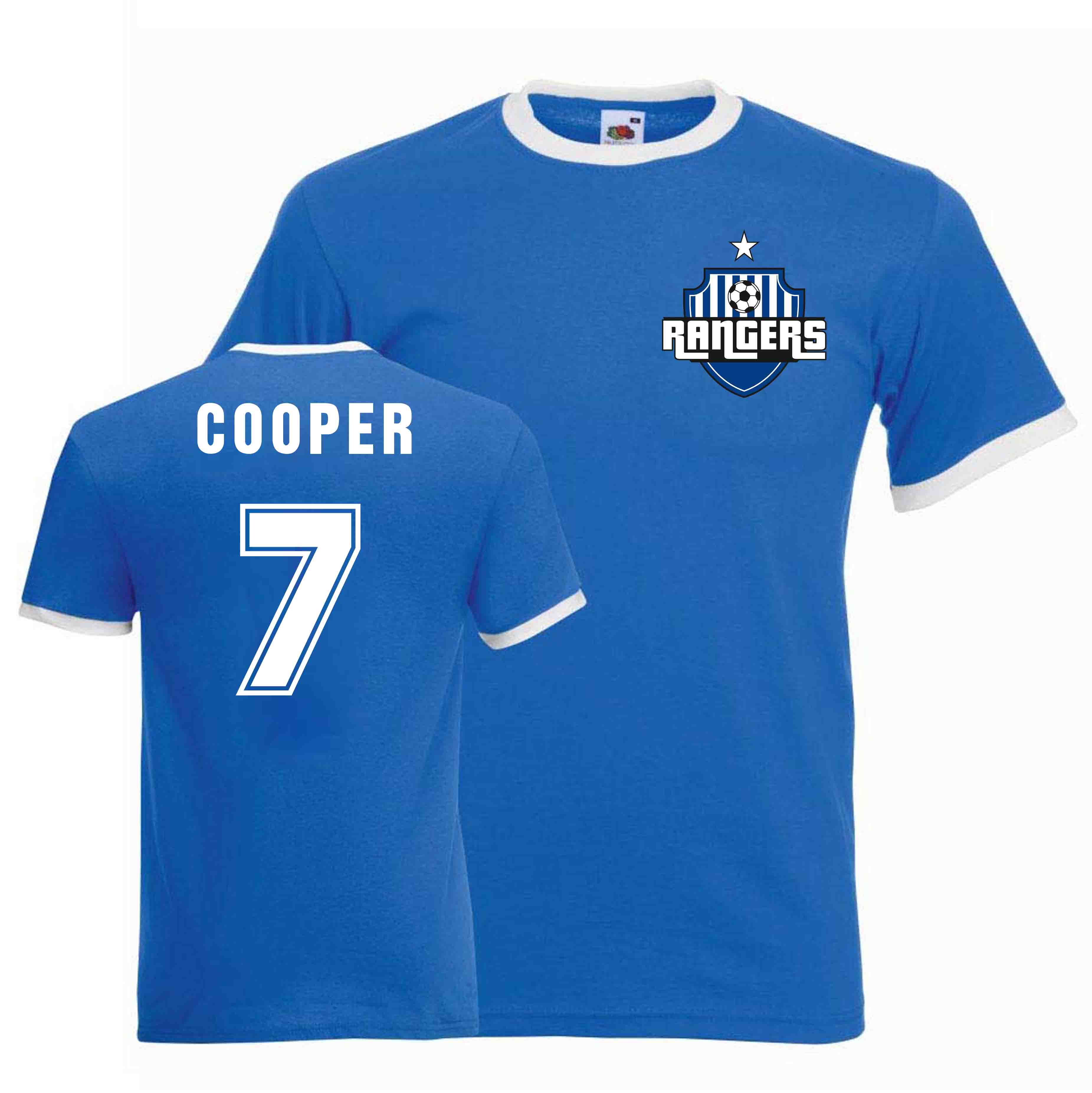 Davie Cooper Rangers Ringer Tee (Blue) Polyester Uksoccershop Men's Blue Medium