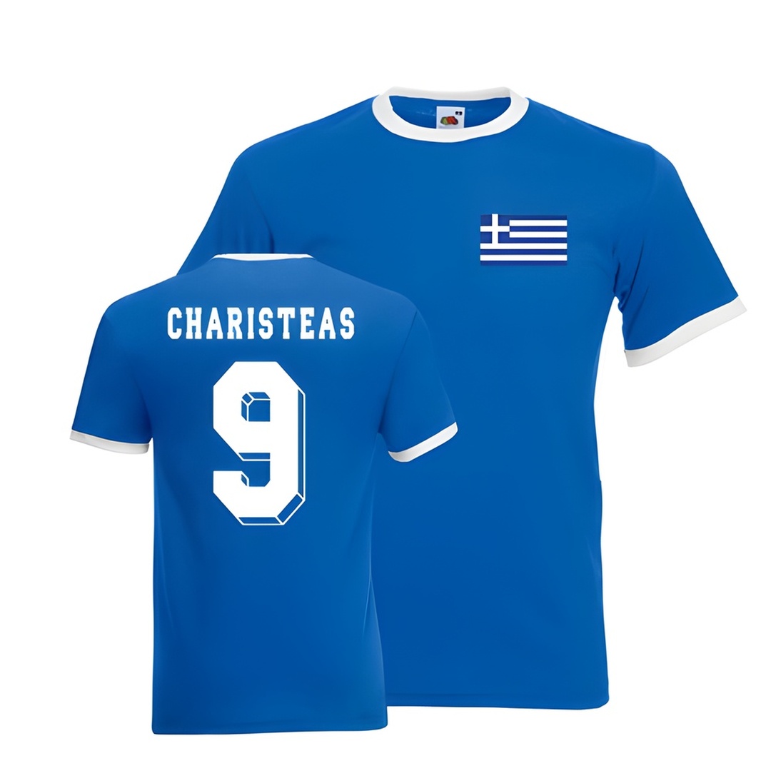 Angelos Charistas Greece Ringer Tee (Blue) Polyester Made By: Gildan Men's Blue Extra Large