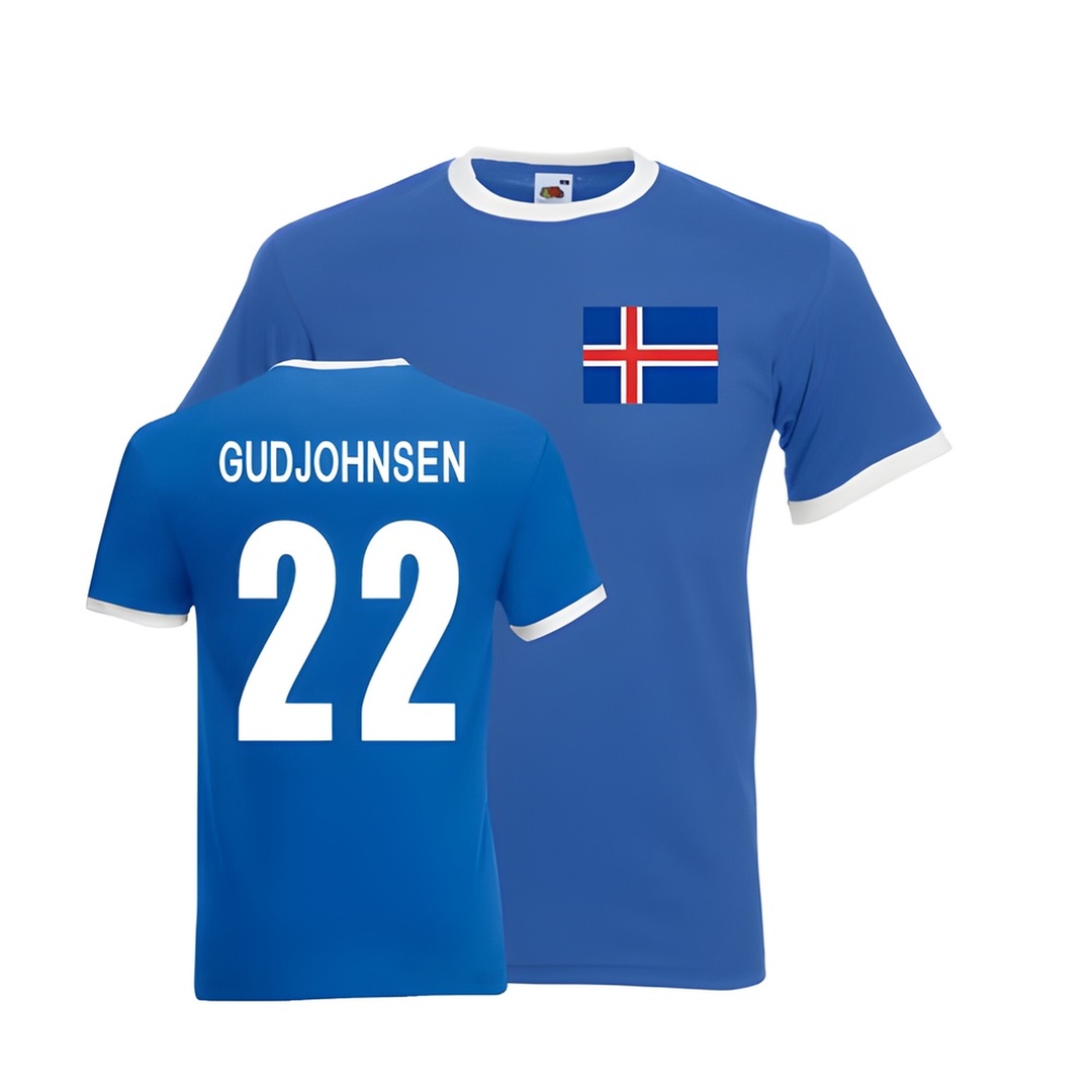 Eidur Gudjohnsen Iceland Ringer Tee (Blue) Polyester Made By: Gildan Men's Blue Medium